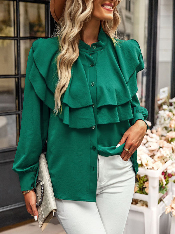 Women's Elegant Ruffled Stand-Collar Button-Down Shirt