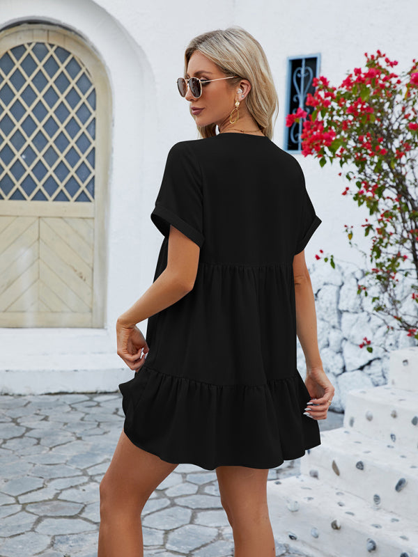 Women's new V-neck solid color short-sleeved pleated loose dress