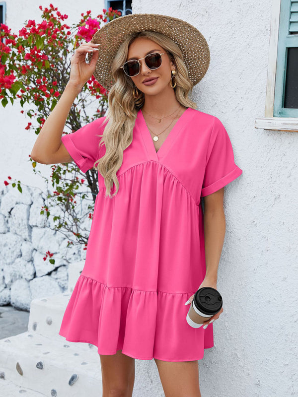 Women's new V-neck solid color short-sleeved pleated loose dress