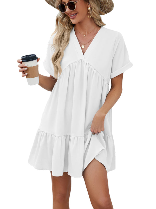 Women's new V-neck solid color short-sleeved pleated loose dress