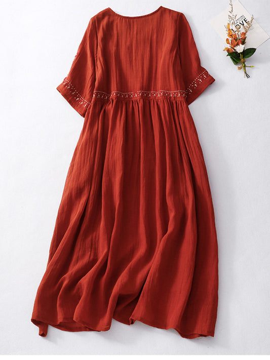 New literary retro casual loose embroidered long dress with large hem