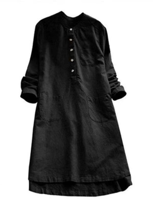 New Solid Color Henley Collar Button Open Long Sleeve Shirt Style Midi Dress