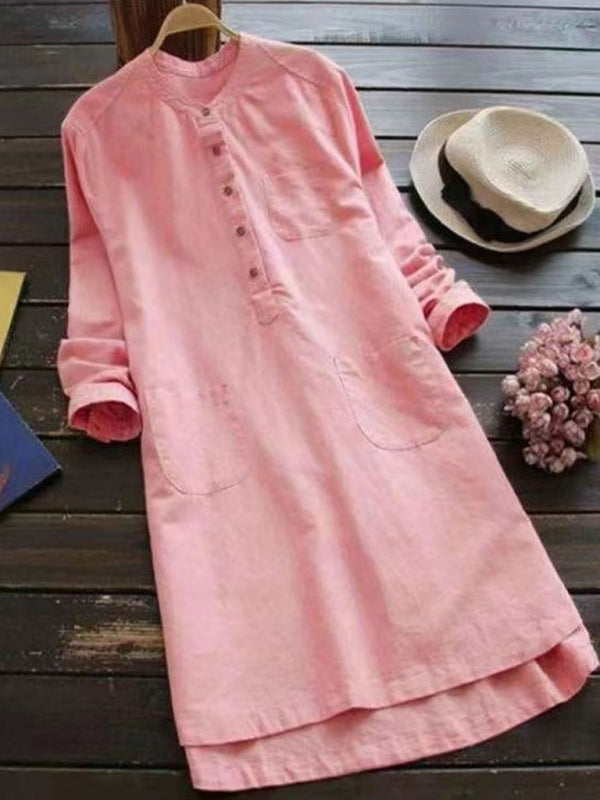 New Solid Color Henley Collar Button Open Long Sleeve Shirt Style Midi Dress