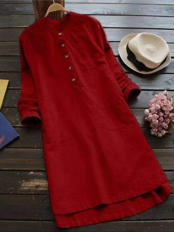 New Solid Color Henley Collar Button Open Long Sleeve Shirt Style Midi Dress