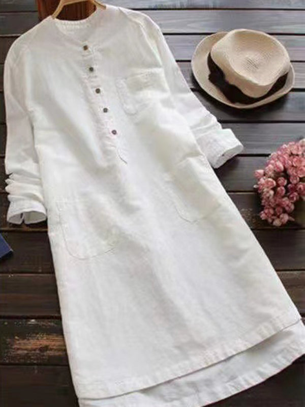 New Solid Color Henley Collar Button Open Long Sleeve Shirt Style Midi Dress