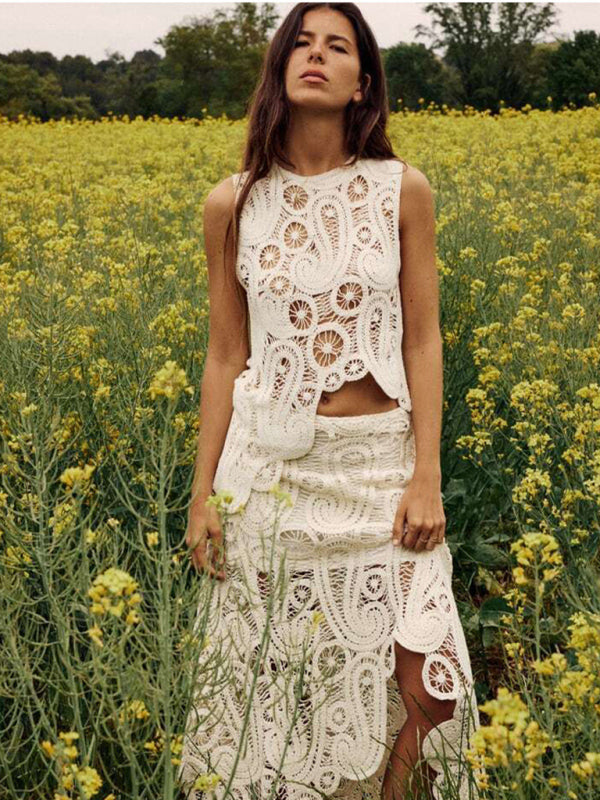 Women's Fashion Retro Half-Slit Irregular Design Round Neck Sleeveless Vest + Skirt Set