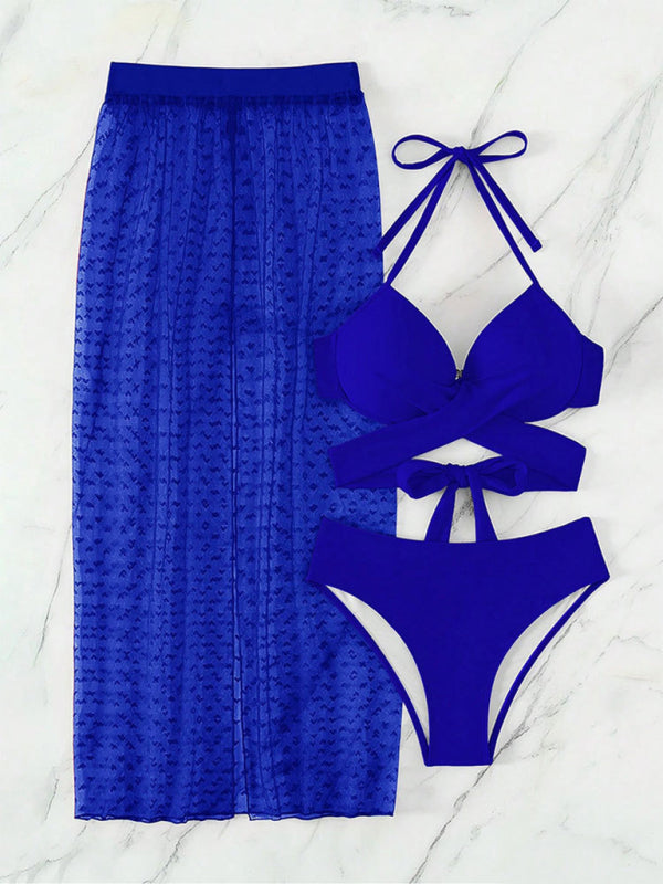 Solid color bikini sexy mesh skirt three-piece set