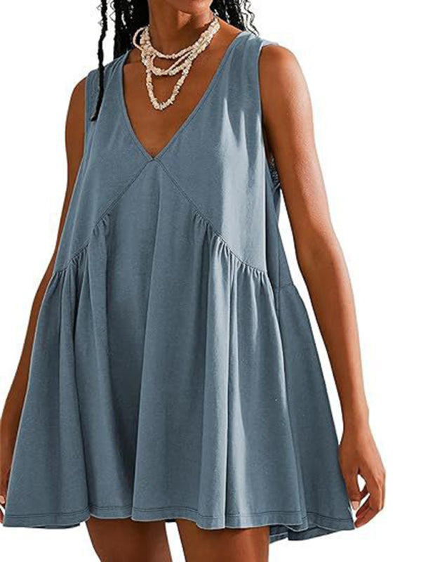 Women's suspender skirt V-neck sleeveless pleated vest pocket dress