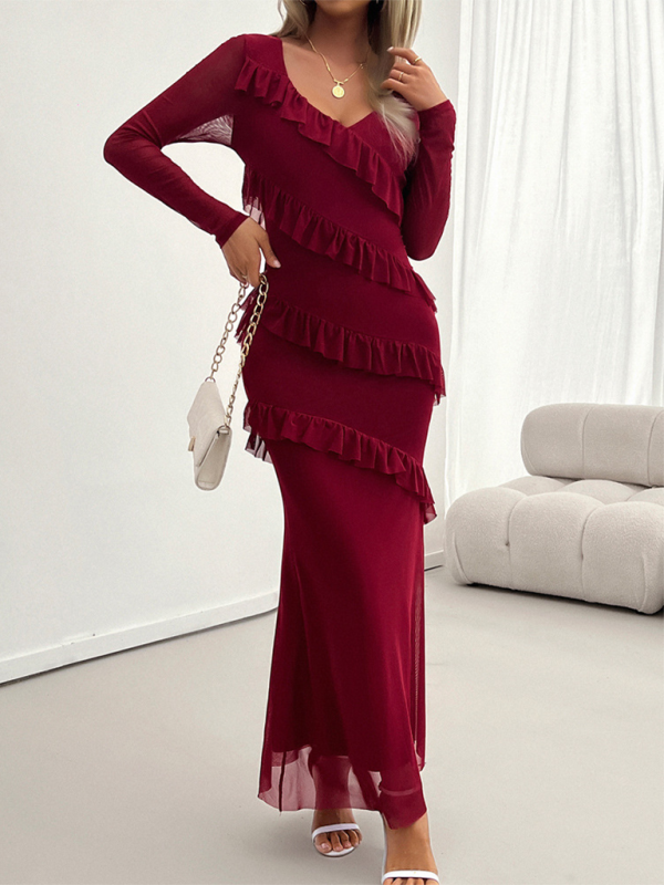 Long-sleeved women's temperament Slim mesh v-neck dresses