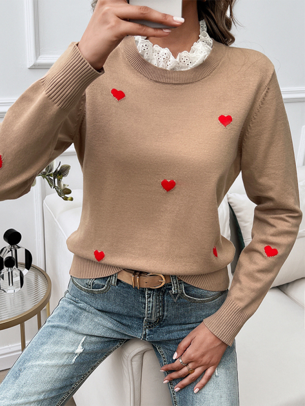 Women's Temperament Casual Embroidered Love Heart Long Sleeve Sweater