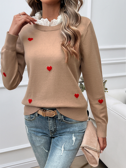 Women's Temperament Casual Embroidered Love Heart Long Sleeve Sweater