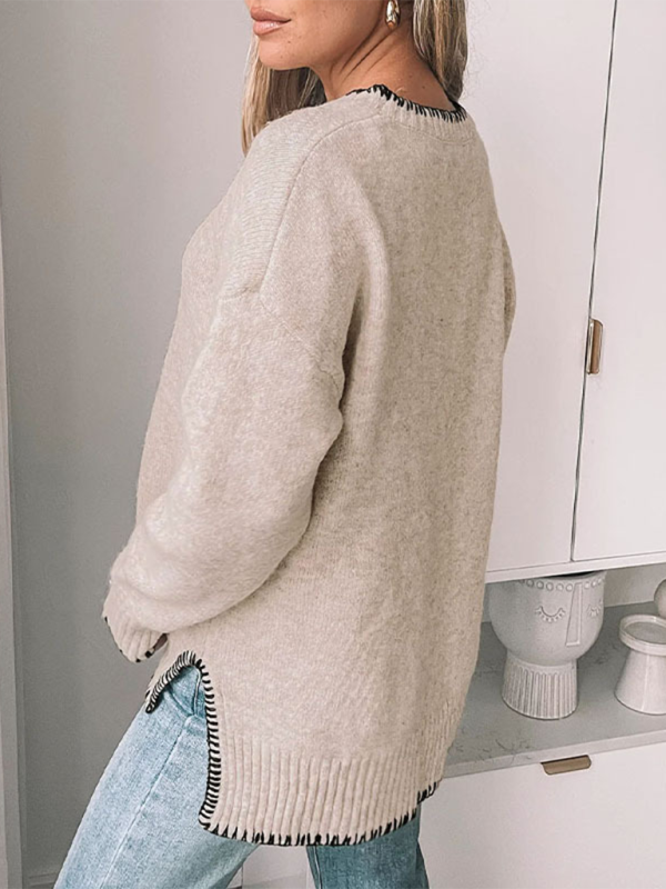 Round neck casual long sleeve sweater solid color all-match split pullover sweater