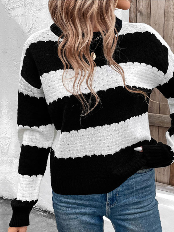 Black and white contrast striped knitted pullover