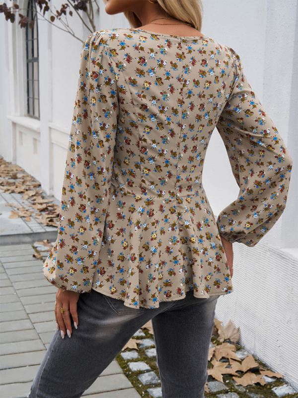 Puff Sleeve Forest Style Elegant Floral Long Sleeve Top