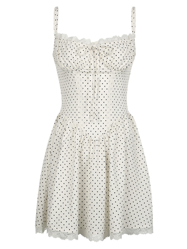 Polka dot contrast color chest tie waist dress