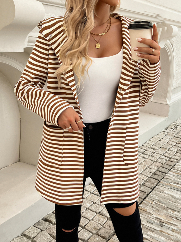 New Striped Cardigan Hooded Knit Long Sleeve Coat