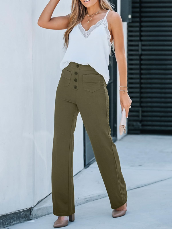 New Women's Casual High Waist Button Straight Leg Pants