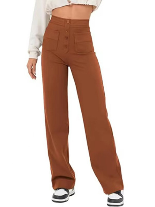 New Women's Casual High Waist Button Straight Leg Pants