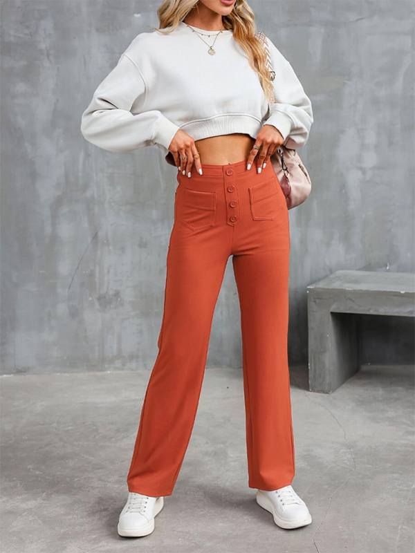 New Women's Casual High Waist Button Straight Leg Pants