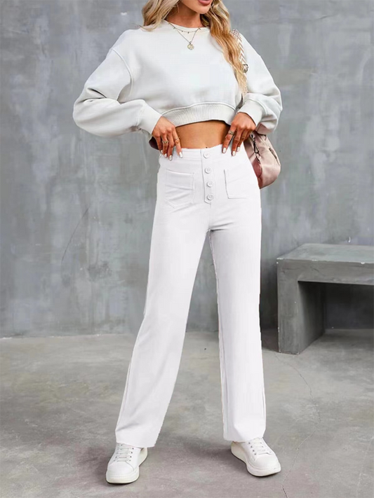 New Women's Casual High Waist Button Straight Leg Pants