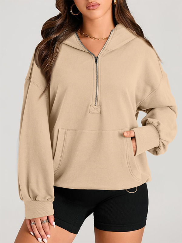 Women's Solid Color Long Sleeve Hooded Solid Color Zipper Plug Sweatshirt