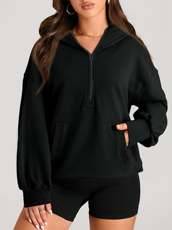 Women's Solid Color Long Sleeve Hooded Solid Color Zipper Plug Sweatshirt