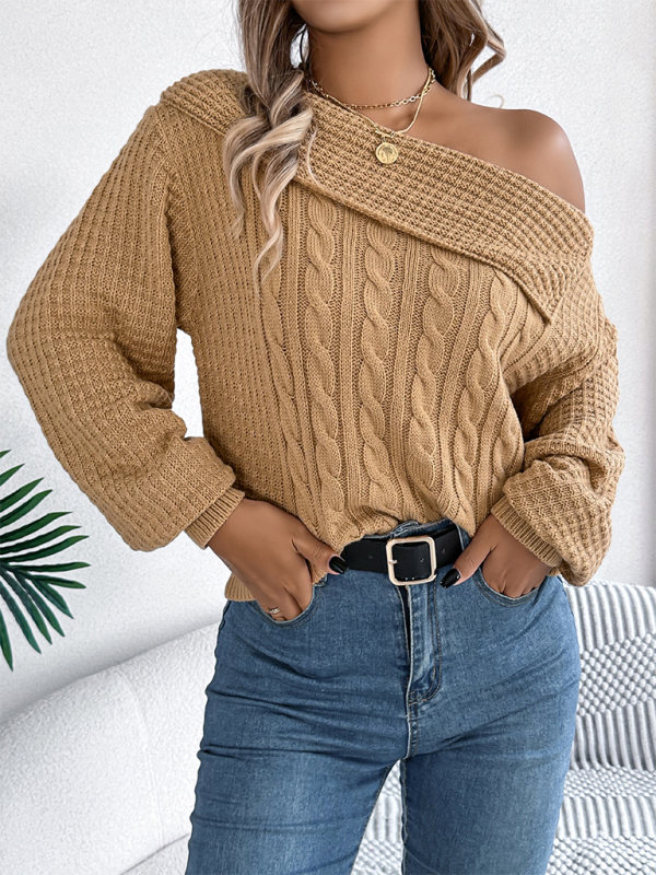 Casual Sexy Lapel Off-shoulder Cable Long Sleeve Pullover