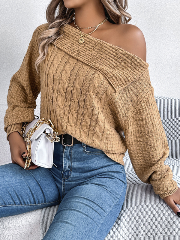 Casual Sexy Lapel Off-shoulder Cable Long Sleeve Pullover