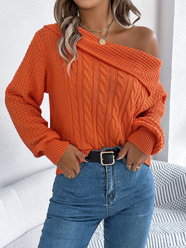 Casual Sexy Lapel Off-shoulder Cable Long Sleeve Pullover