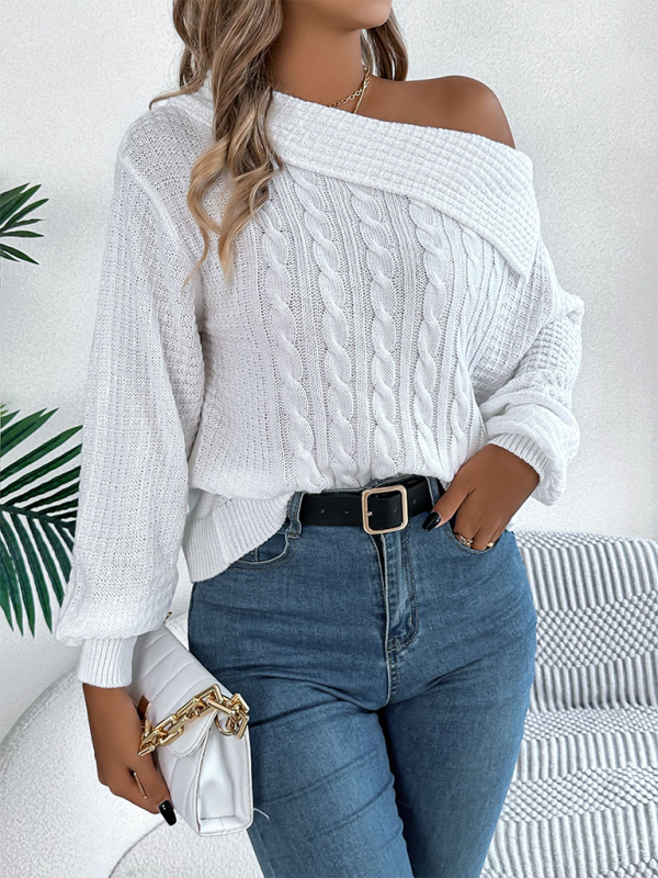 Casual Sexy Lapel Off-shoulder Cable Long Sleeve Pullover