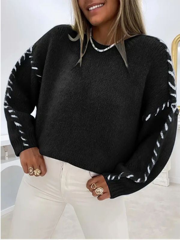 Women's Fashion Pullover Solid Color Round Neck Long Sleeve Drawstring Loose Knitted Sweater