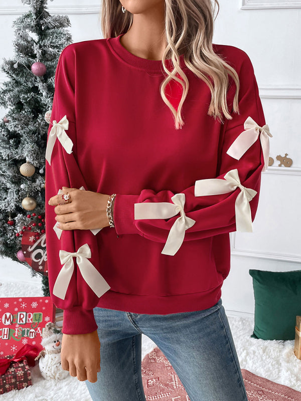 New Round Neck Bow Red Christmas Sweater