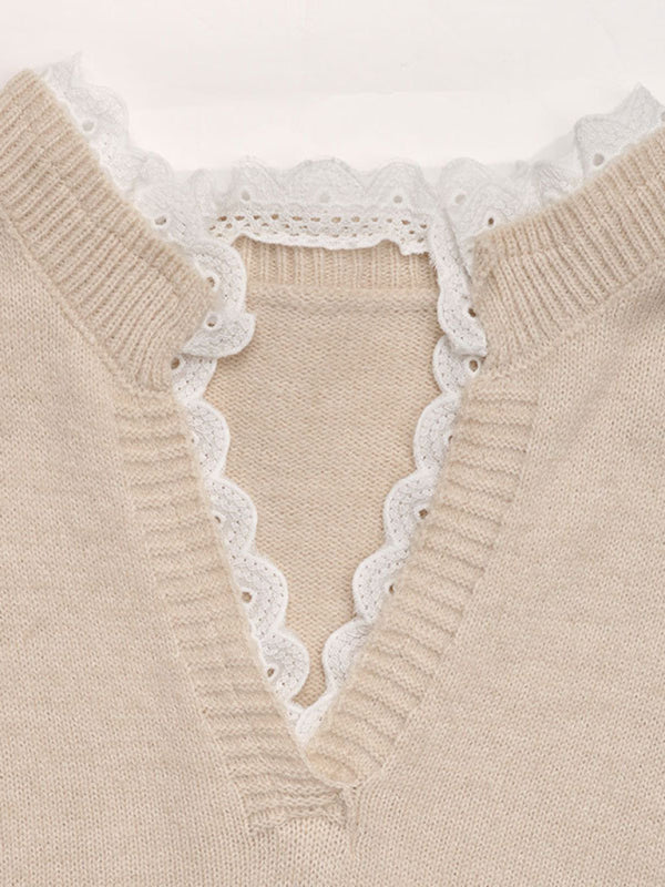 Love round neck sweater new Valentine's Day V-neck splicing lace pullover sweater