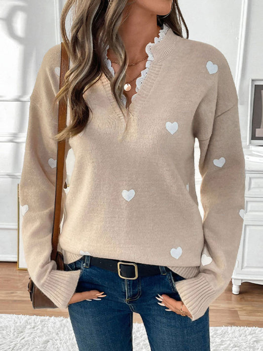 Love round neck sweater new Valentine's Day V-neck splicing lace pullover sweater