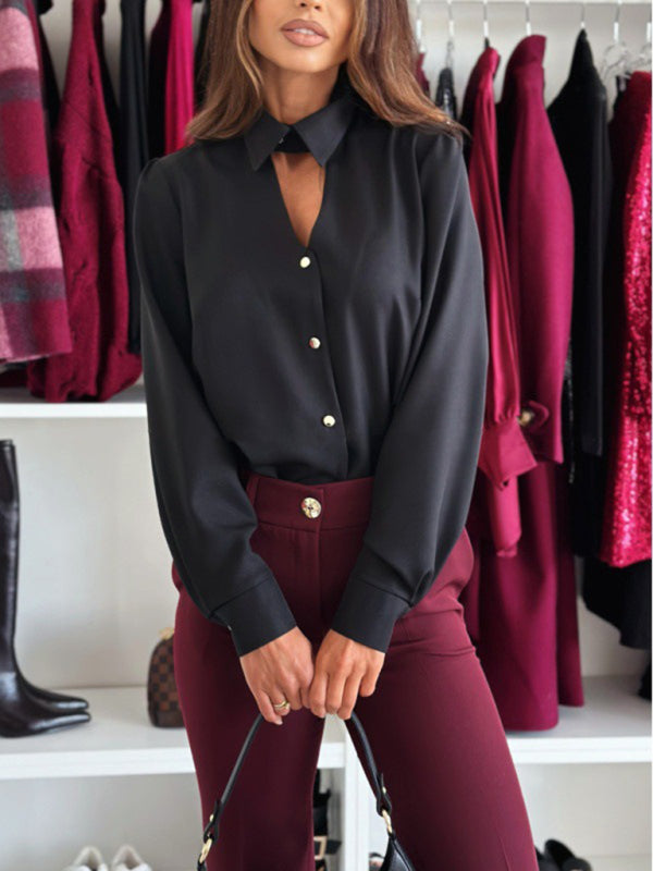 Long Sleeve Lapel Cutout Shirt Top