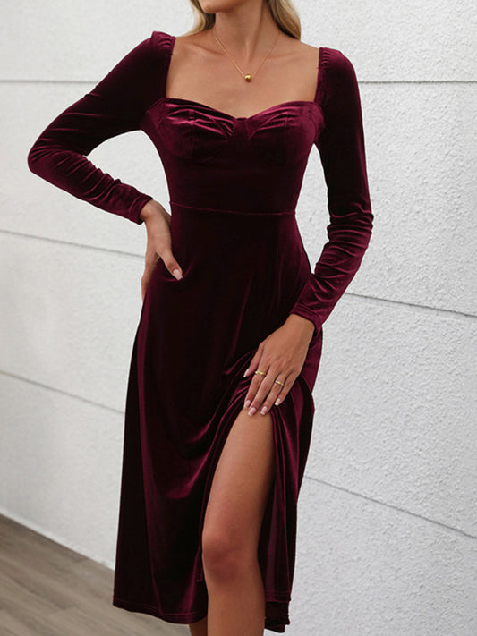 New style party velvet maxi dress autumn and winter dress slit dress