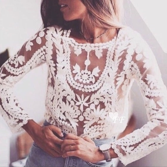 Quincy White Crochet Long Sleeve Lace Blouse