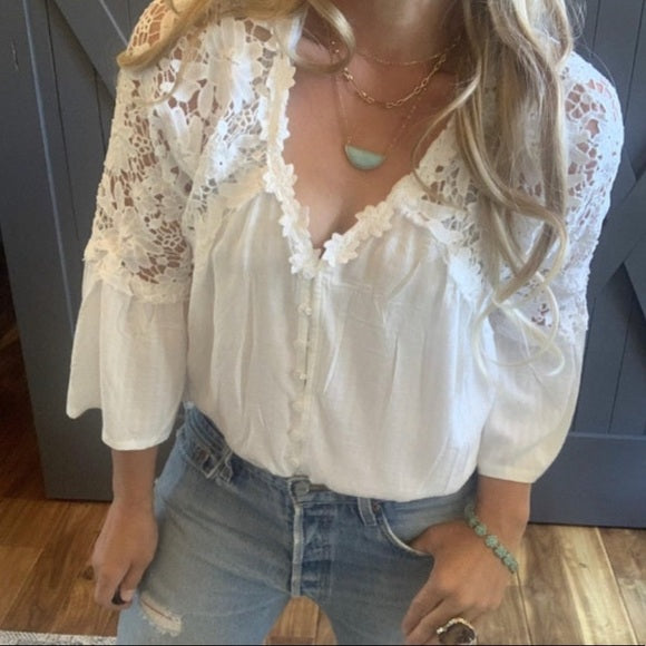 Roslyn White Lace Long Sleeve Button Front Blouse