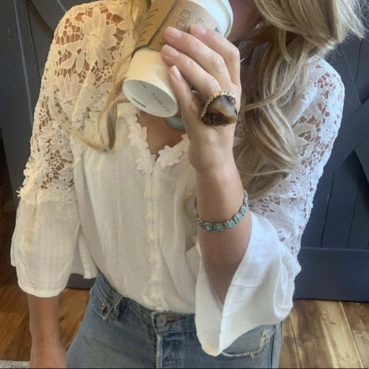 Roslyn White Lace Long Sleeve Button Front Blouse