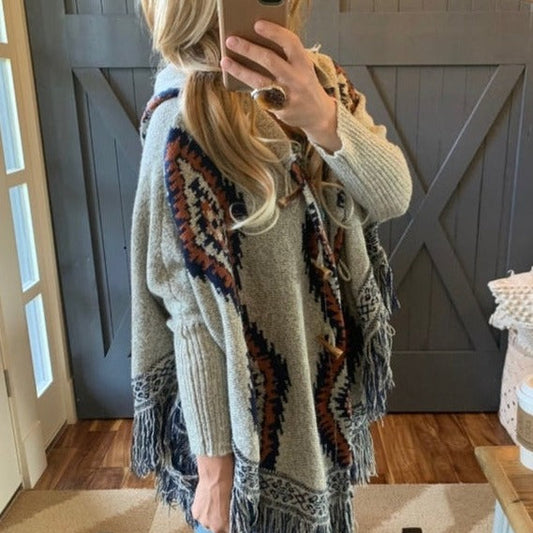 Cheyenne Grey Fringe Toggle Front Hooded Cardigan Sweater