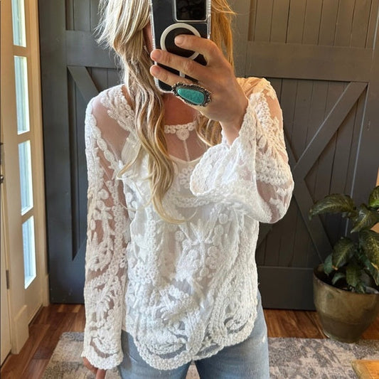 Quincy White Crochet Long Sleeve Lace Blouse