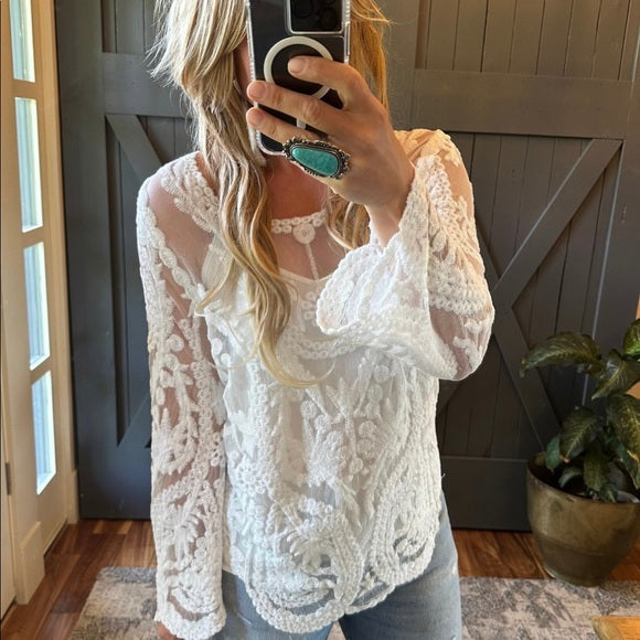 Quincy White Crochet Long Sleeve Lace Blouse