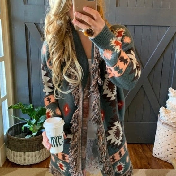 Bristol Sage Fringed Hem Western Print Long Cardigan Sweater