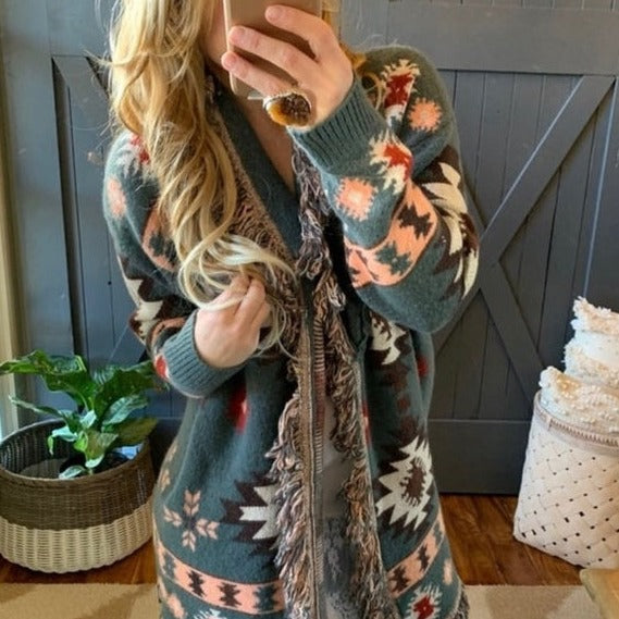 Bristol Sage Fringed Hem Western Print Long Cardigan Sweater