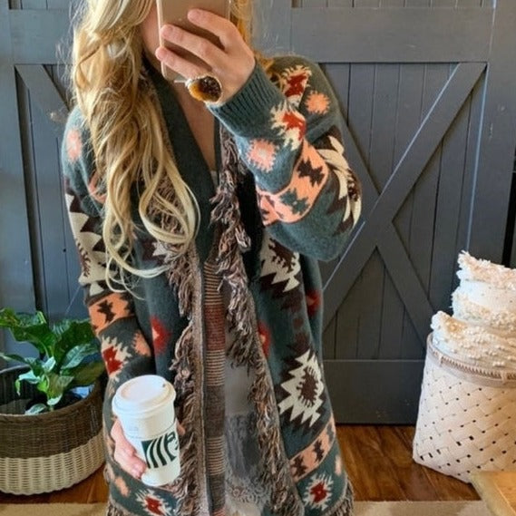 Bristol Sage Fringed Hem Western Print Long Cardigan Sweater