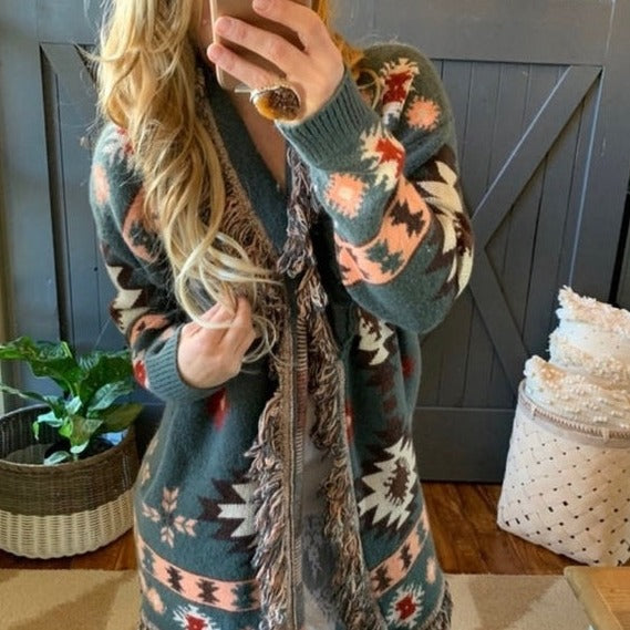 Bristol Sage Fringed Hem Western Print Long Cardigan Sweater