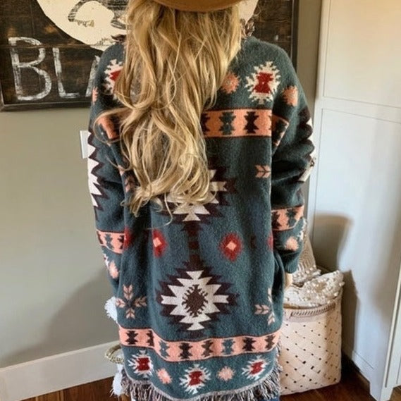 Bristol Sage Fringed Hem Western Print Long Cardigan Sweater