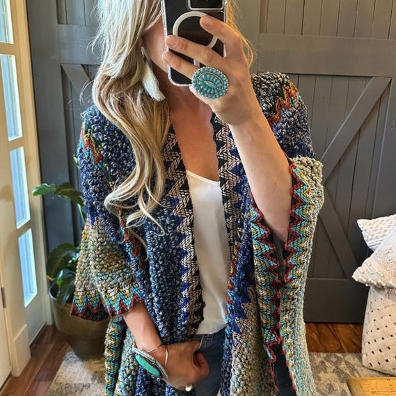 Bohemian Loom Cardigan Sweater in Blue