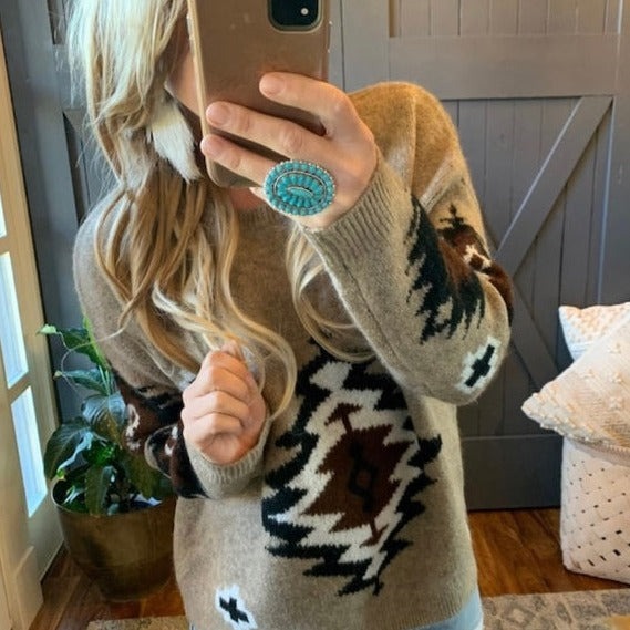 Forks Aztec Printed Pullover Crew Neck Sweater