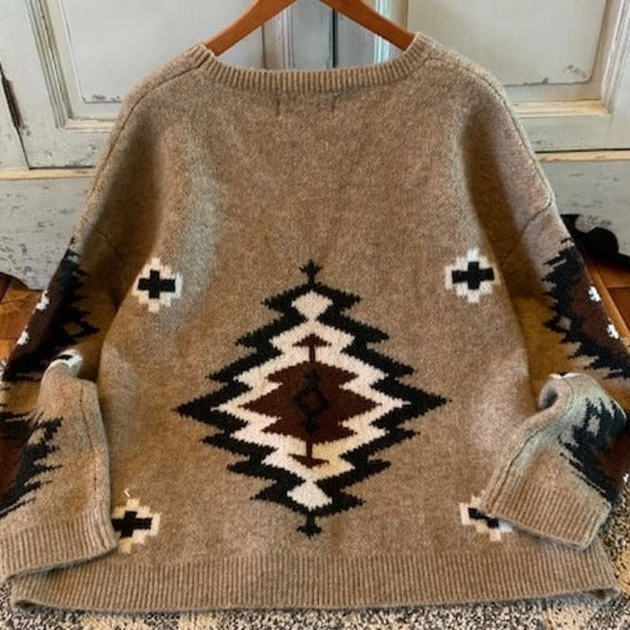 Forks Aztec Printed Pullover Crew Neck Sweater